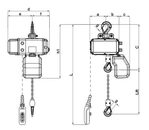 hook suspension dimensions for the Misia MH electric hoist